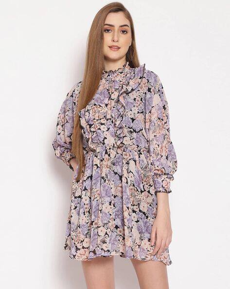 Oxolloxo High-Neck Floral Print Fit and Flare Dress