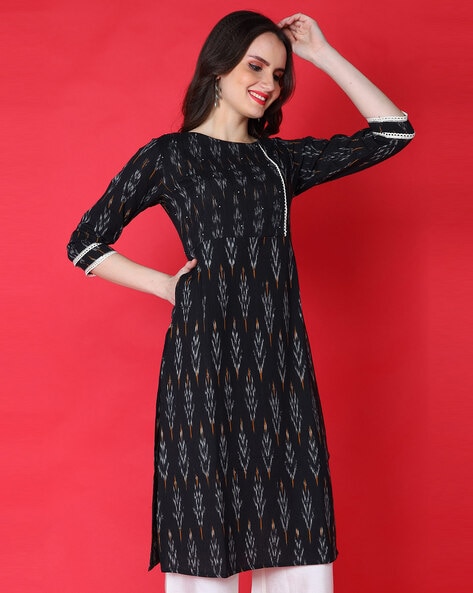 Buy Black Handcrafted Straight Cotton Kurta for Women | FGMK22-495 | Farida  Gupta