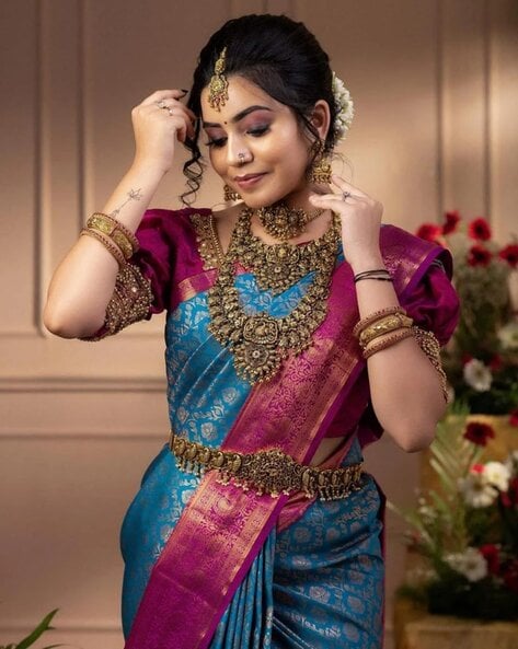 Blue with Pink Border Art Silk Wedding Saree – paanericlothing