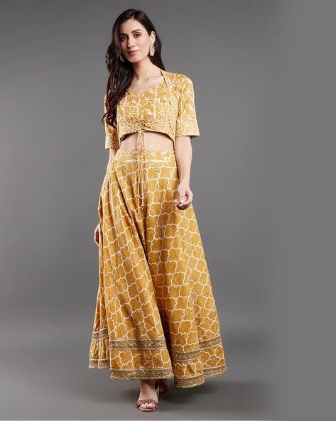 Viscose Crepe Satin Print Stitched Slit Skirt with Brocade Tube Top –  Khinkhwab