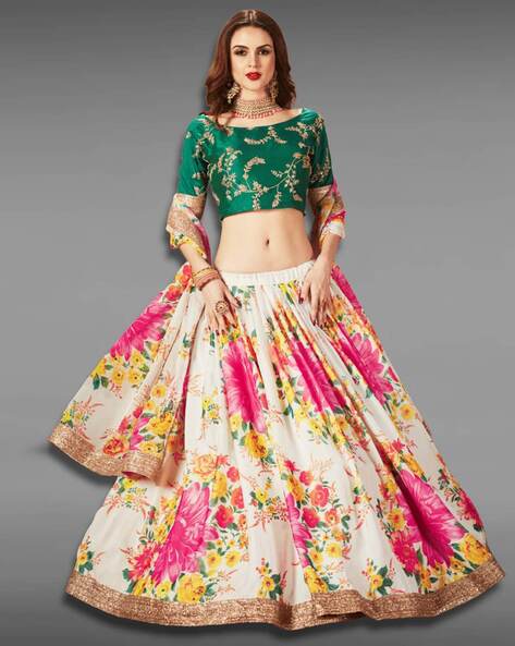 Pink Floral Print, Mirror and Zardozi work Crop Top Lehenga with Halte –  Seasons Chennai