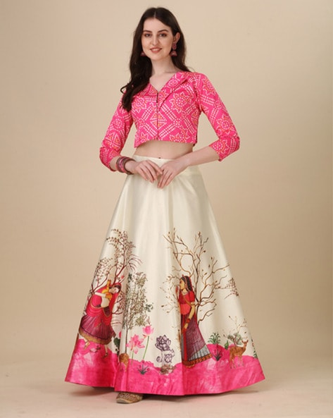 Buy Pink & Cream Chinon Digital Print Lehenga Choli with Mirror Work From  Khushkar