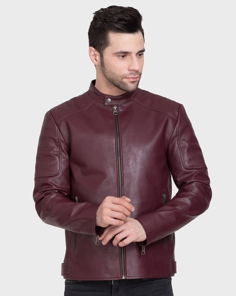 Buy LOCOMOTIVE Men Burgundy Solid Biker Jacket - Jackets for Men 7745071 |  Myntra