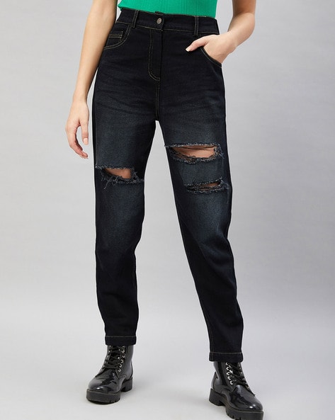 High Rise Distressed Straight Jeans