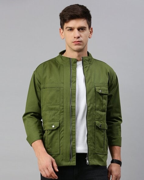 Men solid pocket store zip up jacket