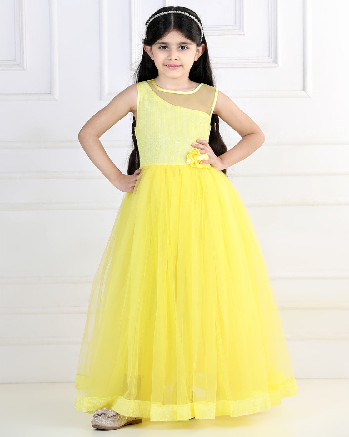 YWDJ 1-7Years Girls Dress Toddler Solid Color Retro 3D Flowers Short Sleeve  Birthday Party Gown Kids Dresses Yellow 3-4 Years - Walmart.com