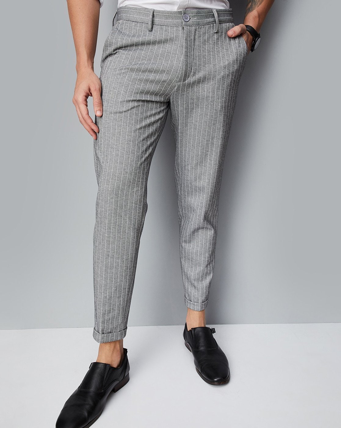 Sojanya Since 1958 Mens Cotton Blend Grey  OffWhite Striped Formal  Trousers