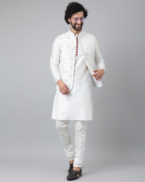 Jacquard Print Nehru Jacket With White Kurta Pajama Set