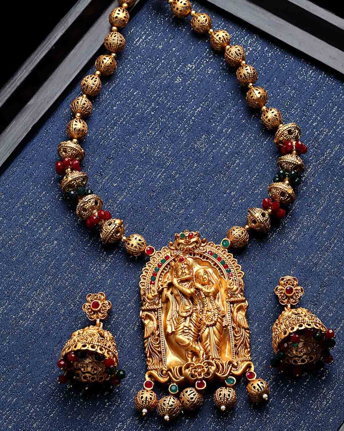 22K Gold 'Radha Krishna' Pendant With Cz , Color Stones , Beads & Culture  Pearls (Temple Jewellery) - 235-GP5420 in 14.950 Grams