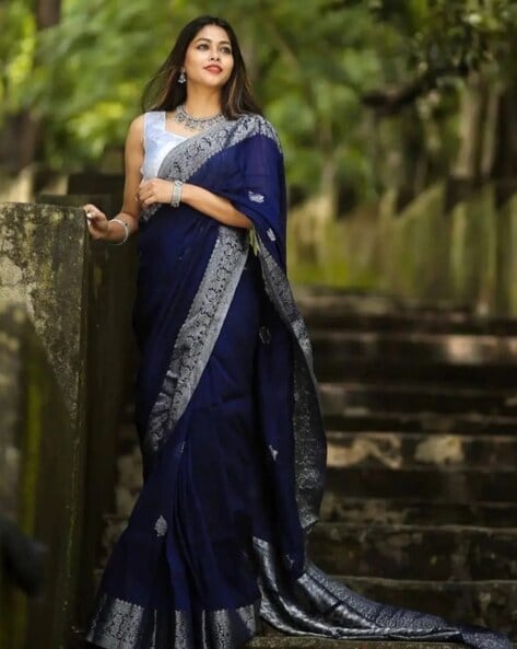 Aqua Blue Kanjivaram Silk Saree With Floral Design | Singhania's