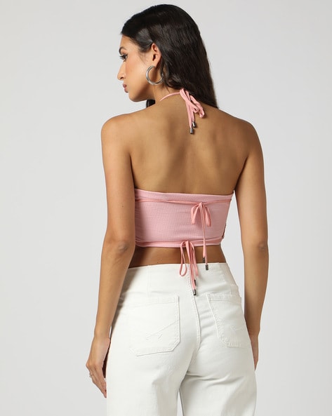 Buy Pink Plaid Bustier Crop Top Online - Label Ritu Kumar India Store View