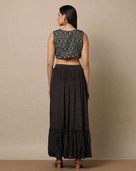 Long skirt with crop top and jacket on sale online