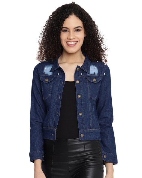 Blue Cropped Denim Jackets Women Puff Sleeve With Button Pockets – Arimonz