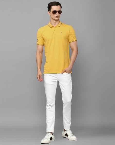 Buy Louis Philippe Men Off White Solid Polo Collar Pure Cotton T