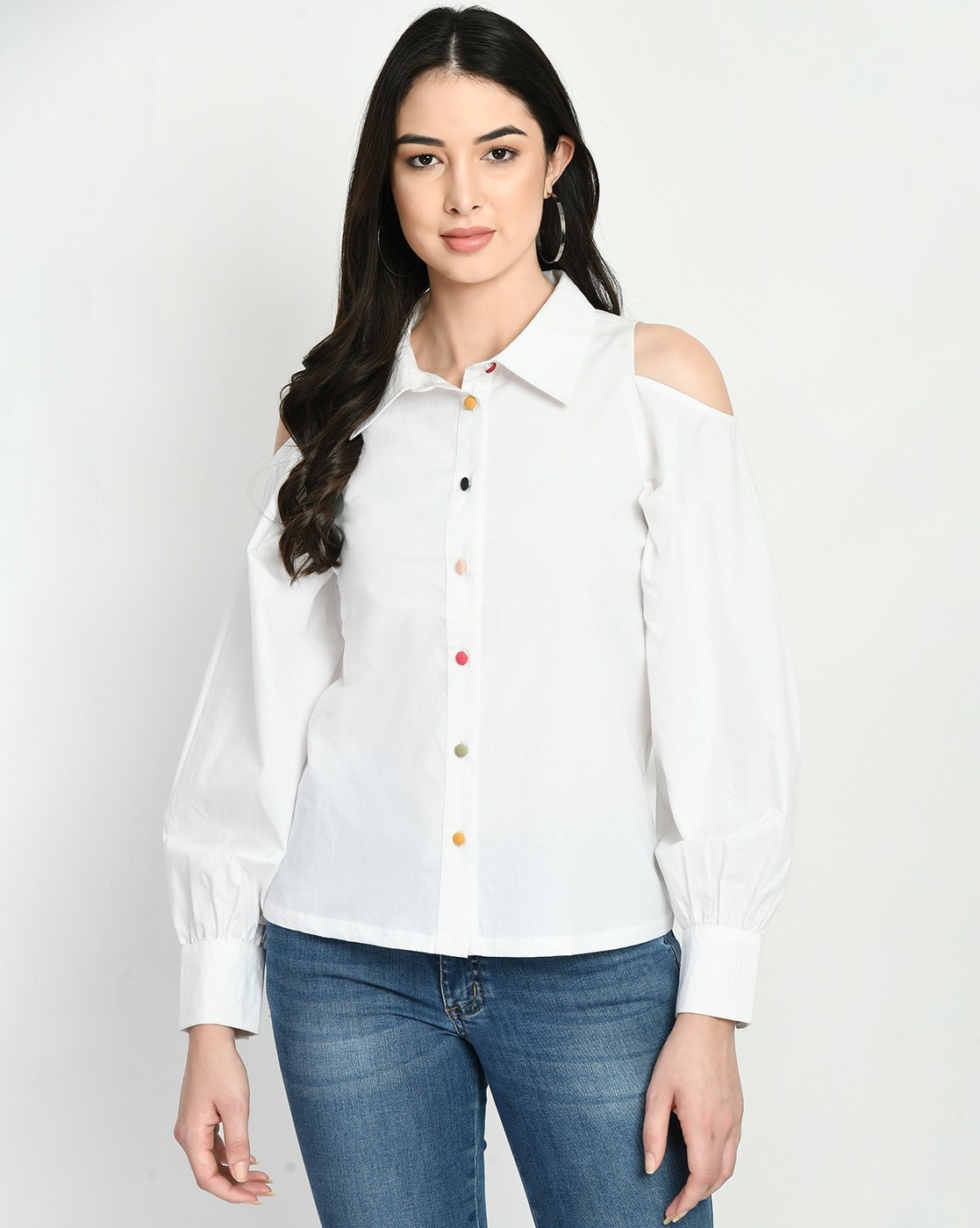 Off the shoulder outlet white collar shirt