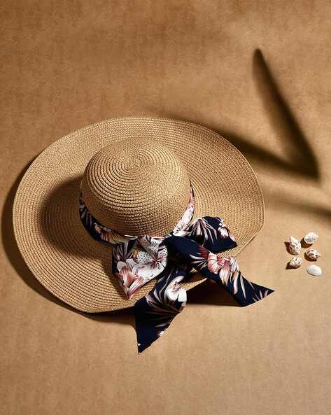 Women Beach Hat with Floral Printed Ribbon
