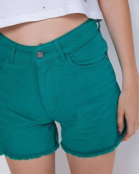 Cotton Denim Shorts with Frayed Hems