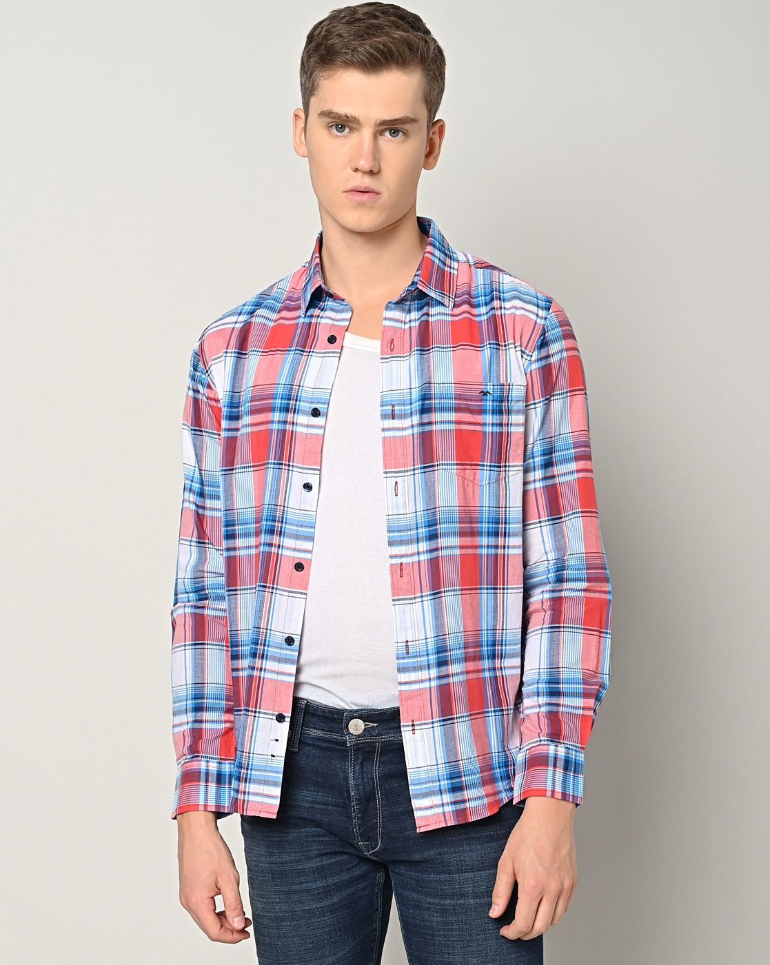 Buy Red & White Bold Check Shirt Online at Muftijeans