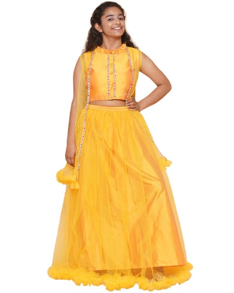 Buy Yellow Net Embroidery Bead V Neck Georgette Jacket Lehenga Set For  Women by Ritika Mirchandani Online at Aza Fashions.