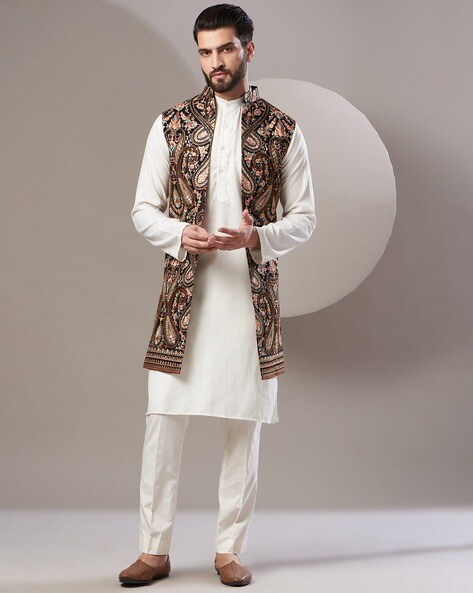 Peach Color Men's Kurta Pajama Set With Attached Jacket and Embroidery Work  in USA, UK, Malaysia, South Africa, Dubai, Singapore