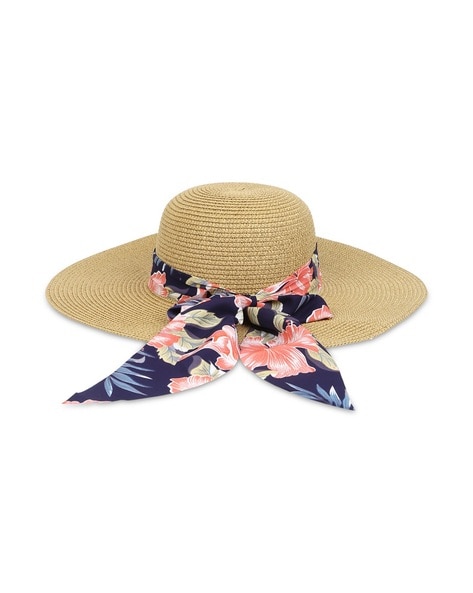 Women Beach Hat with Floral Printed Scarf