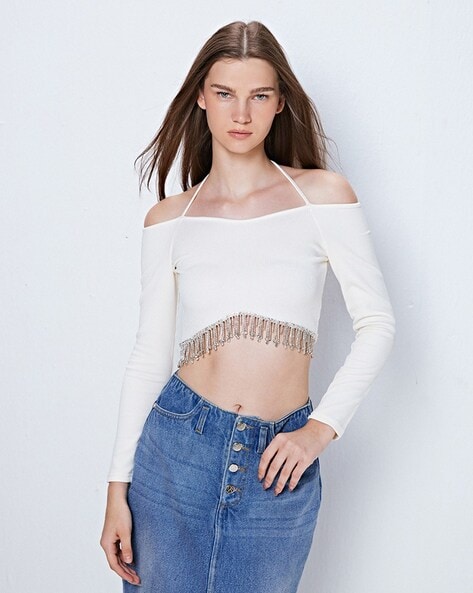 Lace Off Shoulder Long Sleeve Embroidered 2024 Crop Top Women's White Size: XS NWT