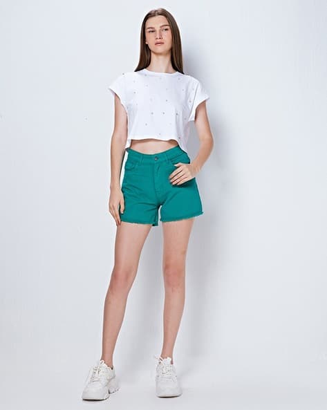 Cotton Denim Shorts with Frayed Hems