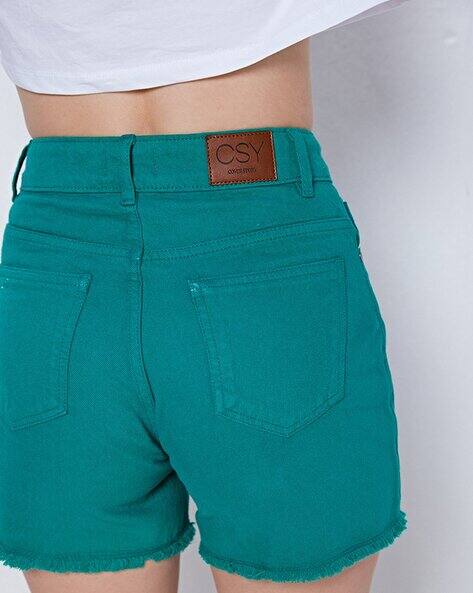 Cotton Denim Shorts with Frayed Hems