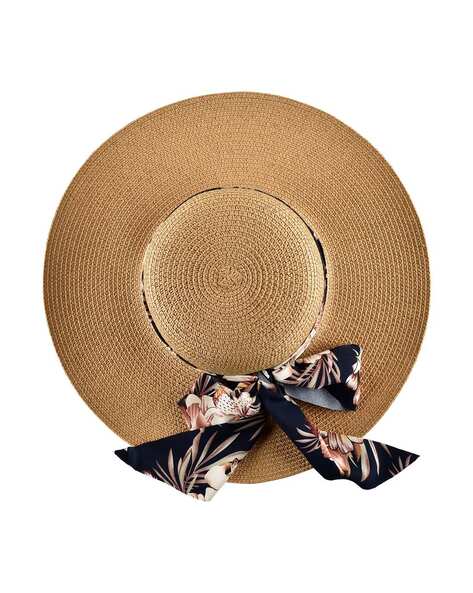 toniQ Women Beach Hat with Floral Printed Ribbon For Women (Brown, OS)