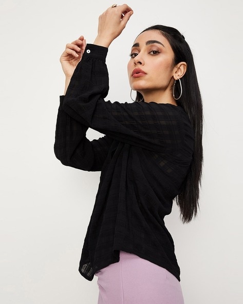 Checked V-Neck Top with Full Sleeves