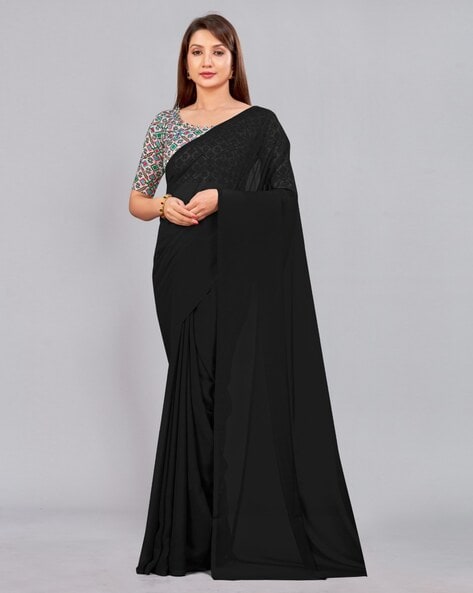 Solid Color Faux Georgette Saree in Black : SECA10