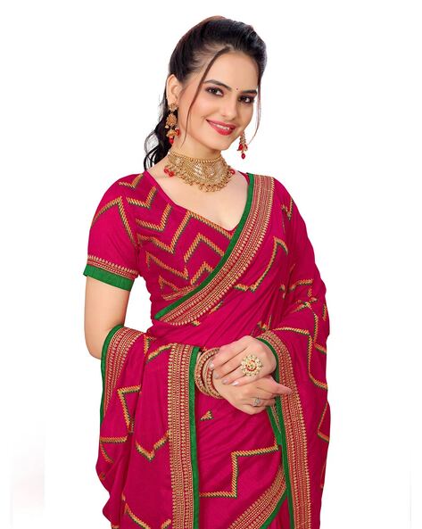 Buy Yavira Silk Green & Pink Woven Saree With Unstitched Blouse for Women  Online @ Tata CLiQ