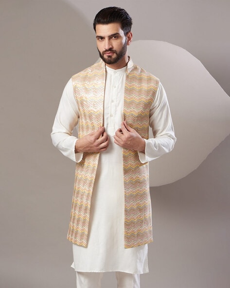 Off White Silk Kurta Pajama With Jacket 272867