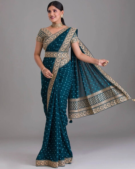 Buy HAST VASTRA Blue Women Linen Polka Dots Saree | Shoppers Stop