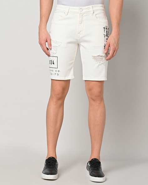 Mens white distressed hot sale denim shorts