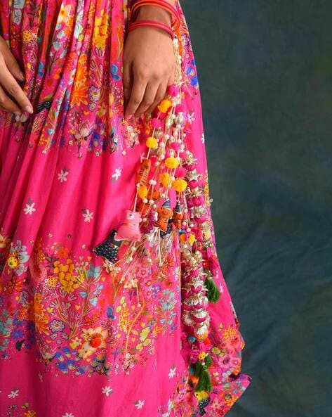 Pink Shaded Satin Silk Printed Lehenga with Cutdana Work Blouse -...