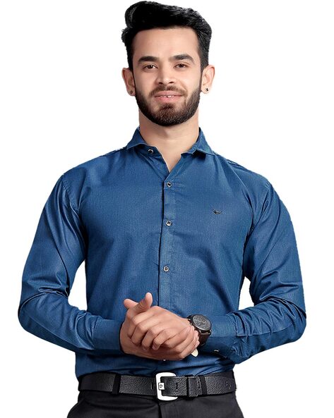 GETCHI Men Solid Formal Blue Shirt - Buy GETCHI Men Solid Formal