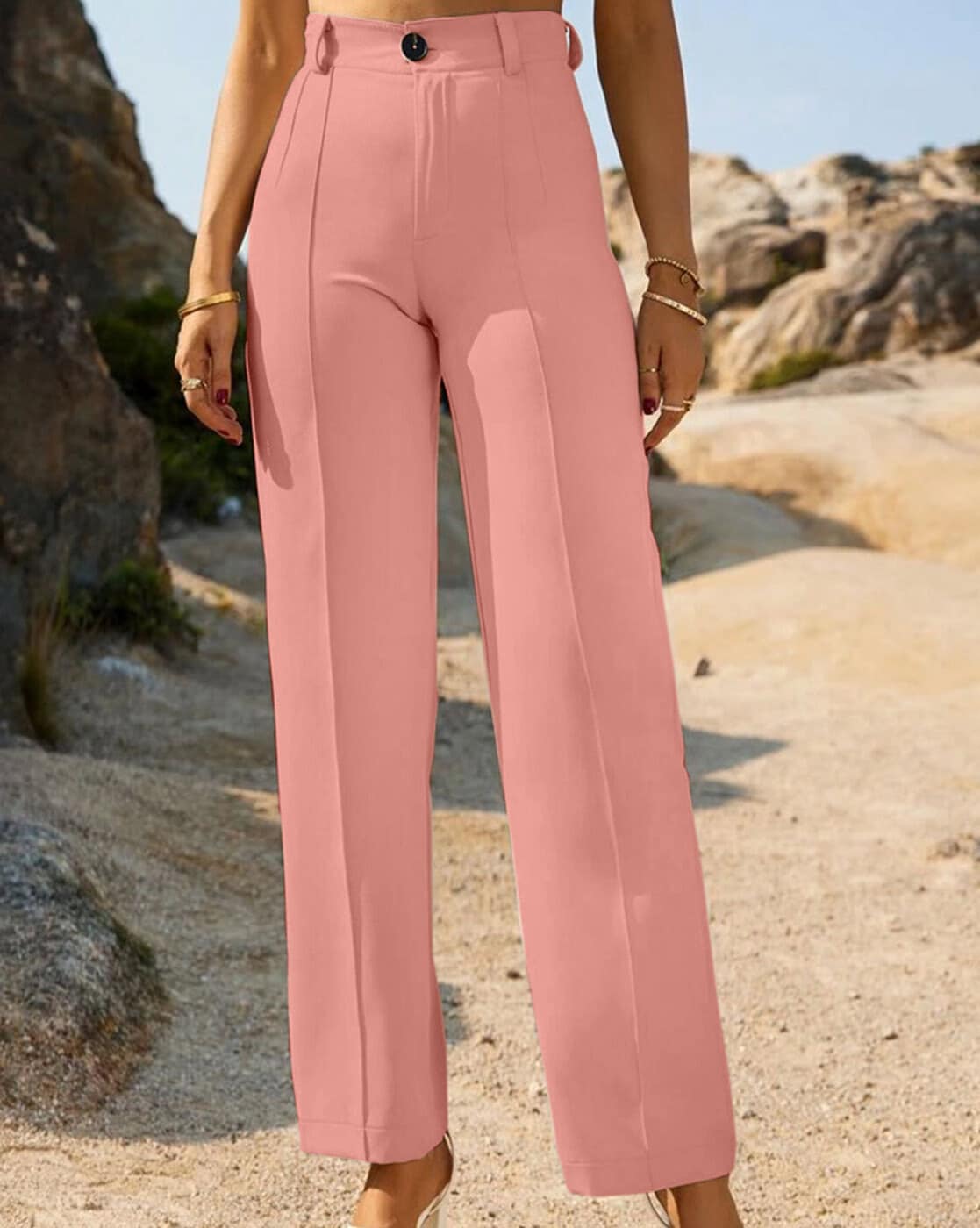 Women Solid Peach High-Rise Waist Two-Pocket Button-Up Wide-Leg Regular  Pants - Berrylush