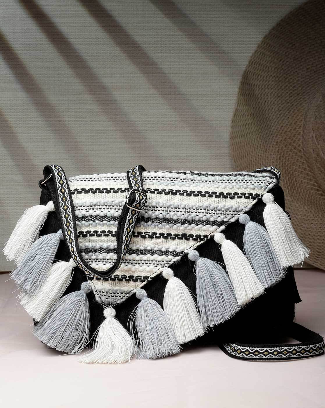 Anekaant Geomat Black & Silver Striped Jacquard Cotton Canvas Sling Bag :  Amazon.in: Fashion