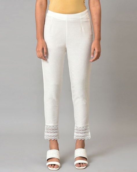 Slim Fit Pants with Lace Hem