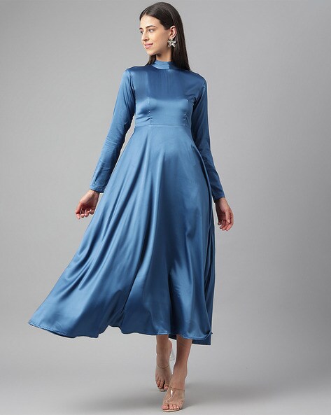 Buy Powder Blue Gathered Long Dress Online - W for Woman