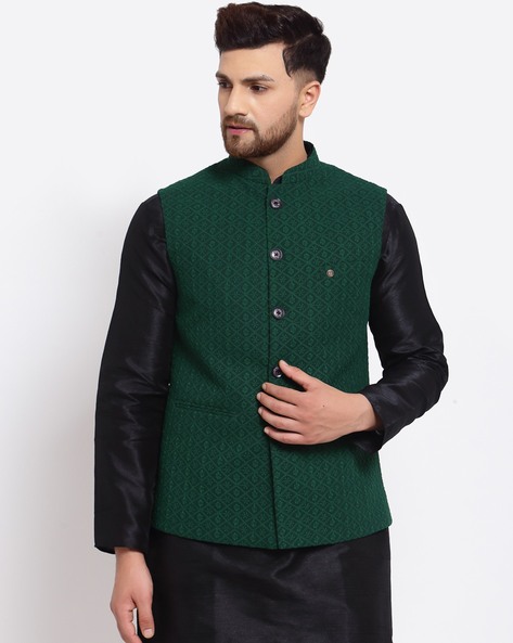 Light Green Hand-Painted Nehru Jacket With Kurta Set Design by Contrast By  Parth at Pernia's Pop Up Shop 2024