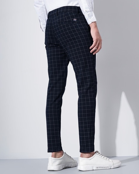 Buy Navy Blue Mid Rise Check Trousers for Men