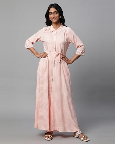 Checked Loose Fit Jumpsuit with Tie-Up