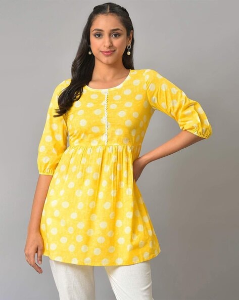 Buy Aurelia Yellow Cotton Woven Pattern Straight Kurti for Women Online @  Tata CLiQ