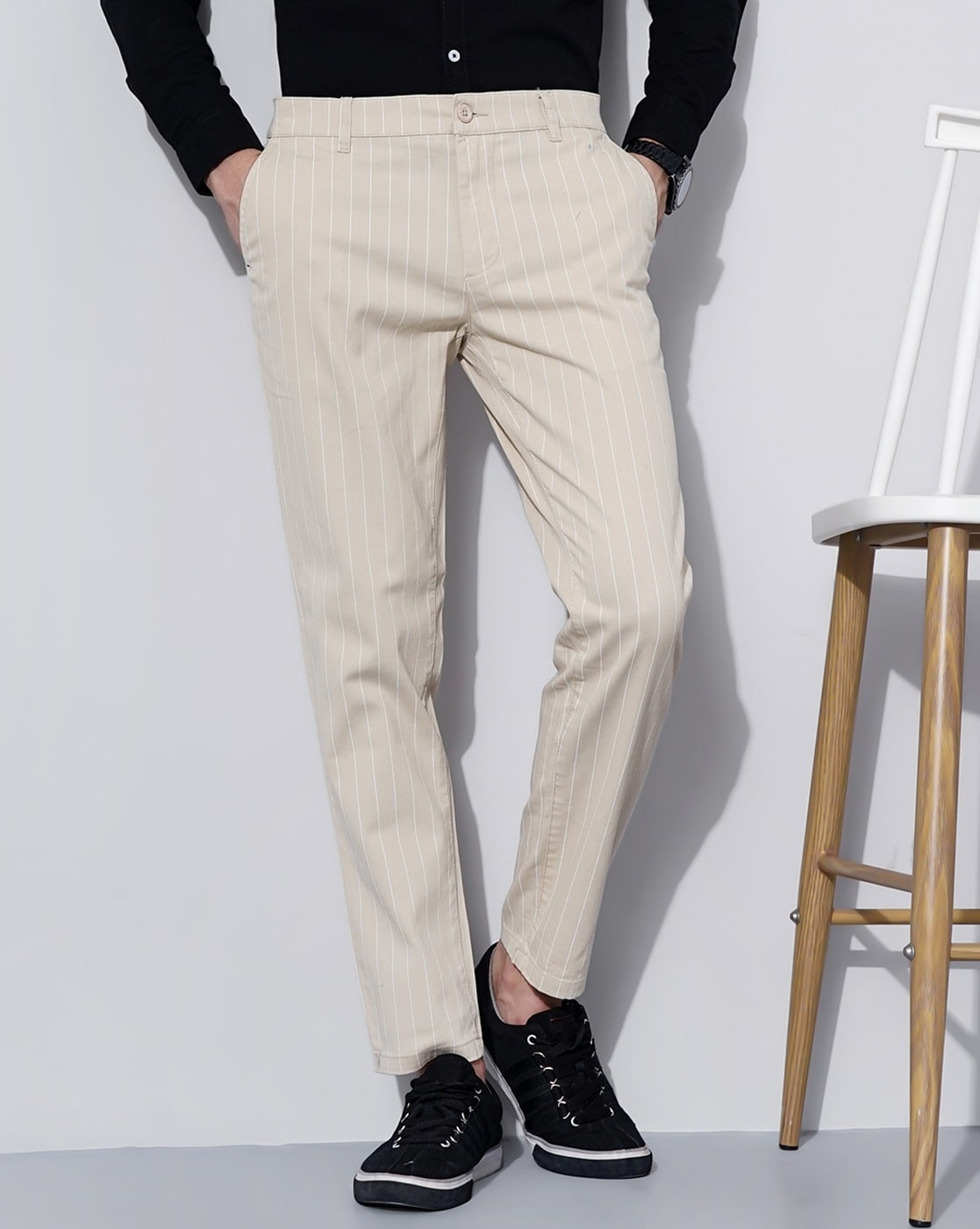 Buy VAN HEUSEN Cream Mens Slim Fit Checks Formal Trousers | Shoppers Stop