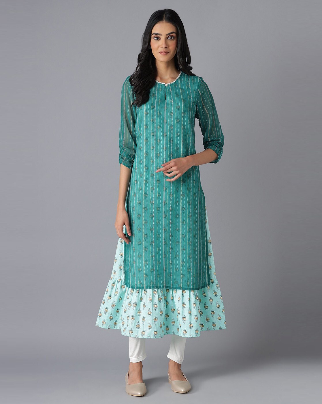 Pleasant Green Colored Partywear Printed Cotton Kurti With Koti