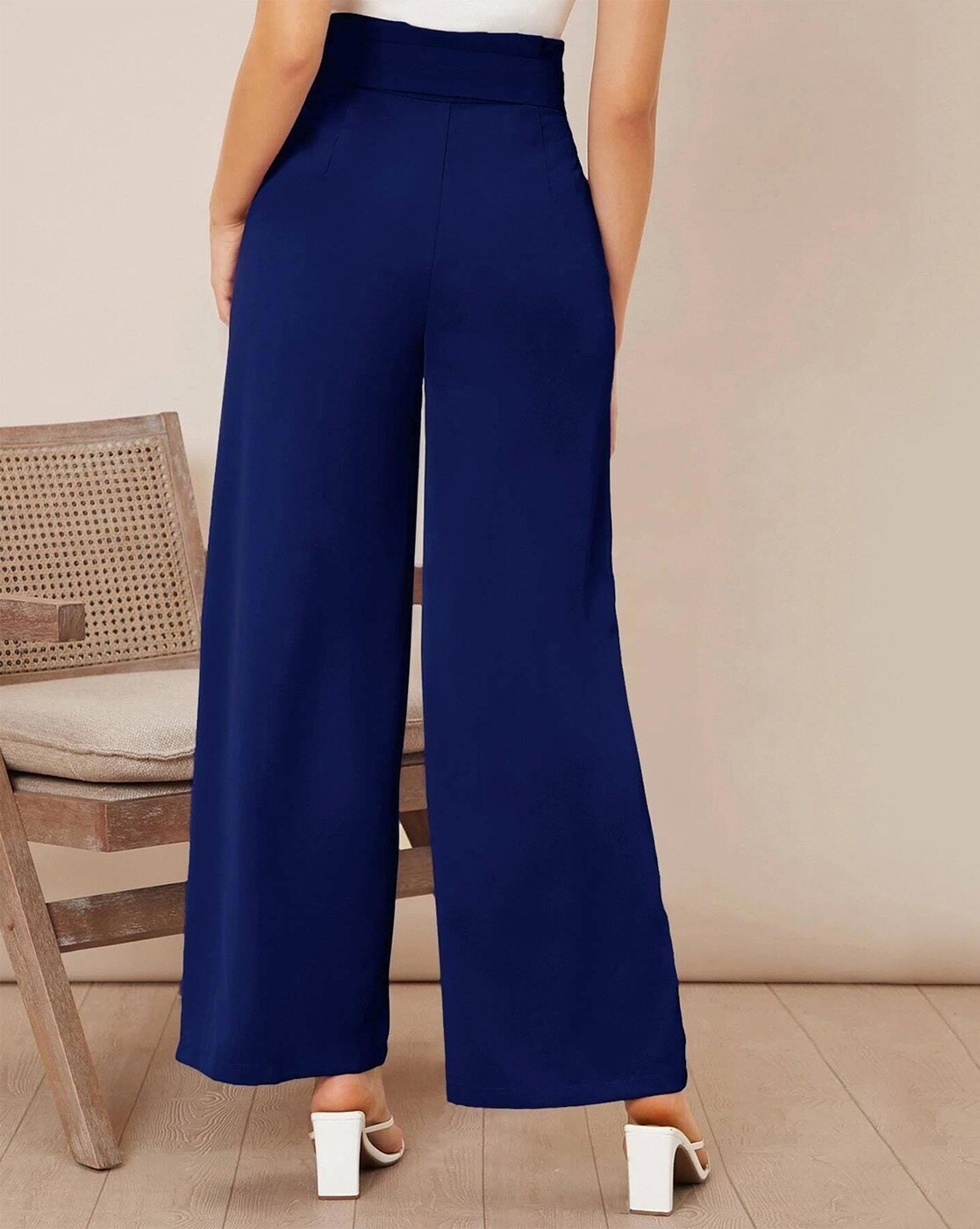 Royal Blue Crepe Belted Skinny Flare Pants