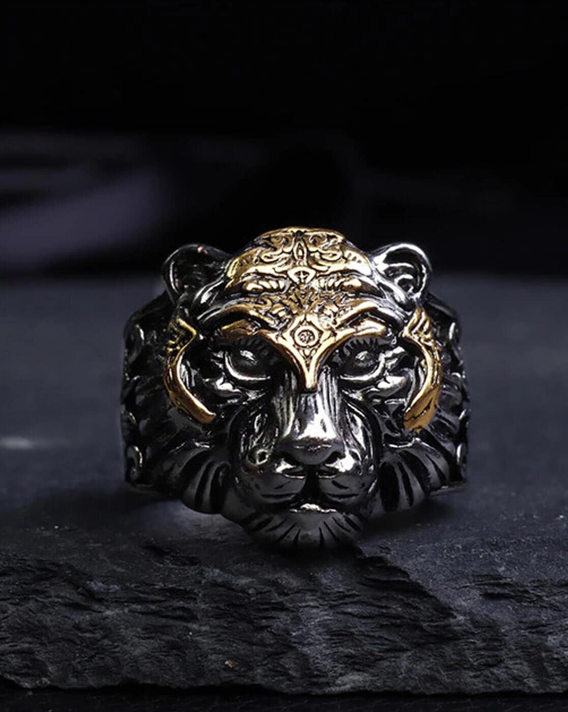 Men's Tiger Head Ring Ruby Eyes & CZ Solid 10K Yellow Gold