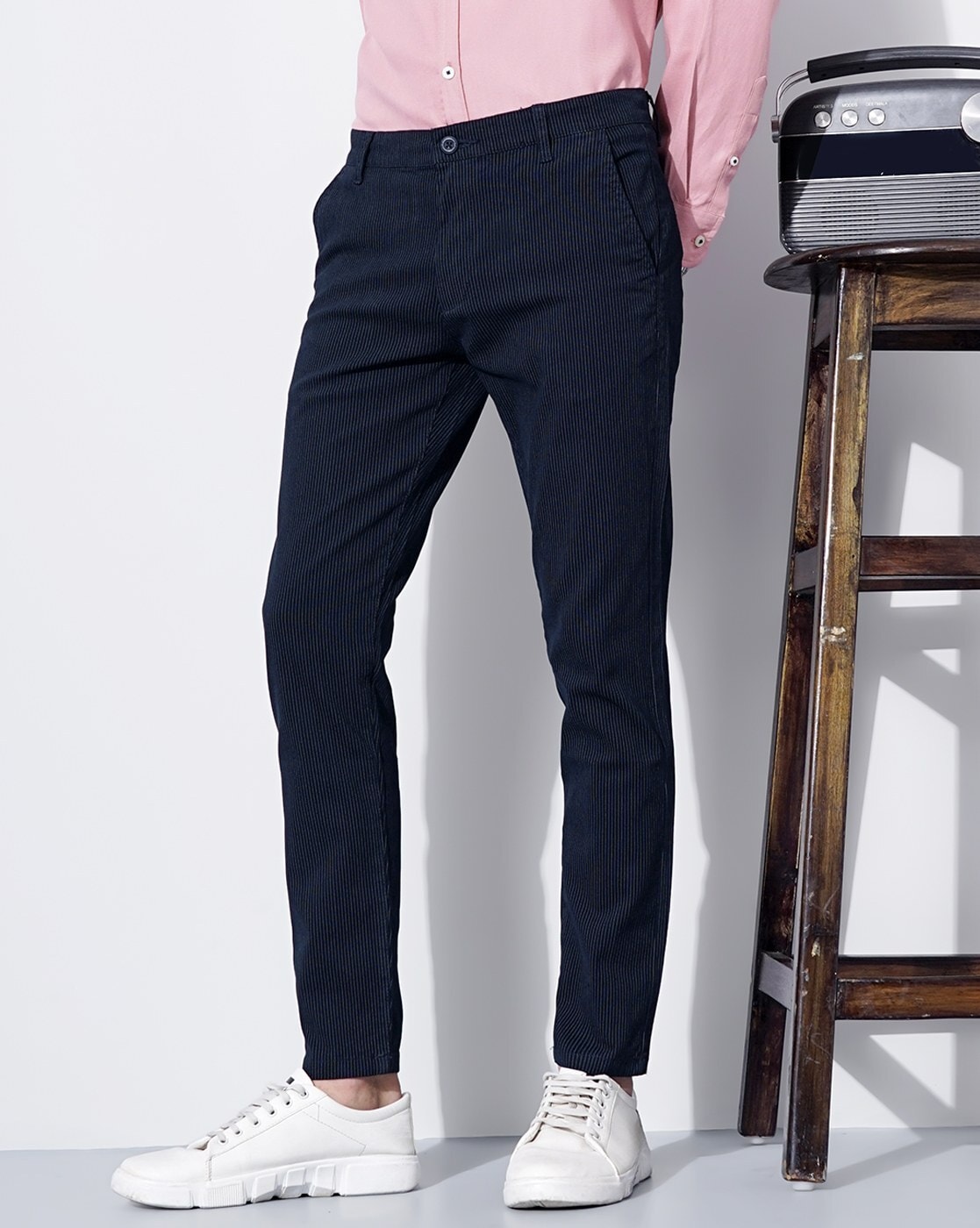 Mens Striped Trousers In Navy Blue